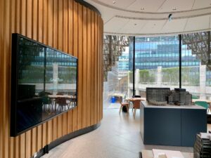 Broadgate large wall mounted screen in reception area